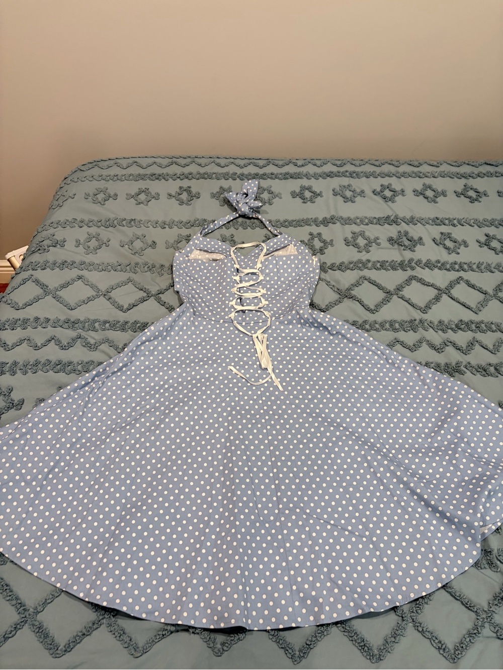 1950s Style Blue Polka Dot Halter Swing Dress Pin Up Rockabilly Retro Size Small - Picture 5 of 7